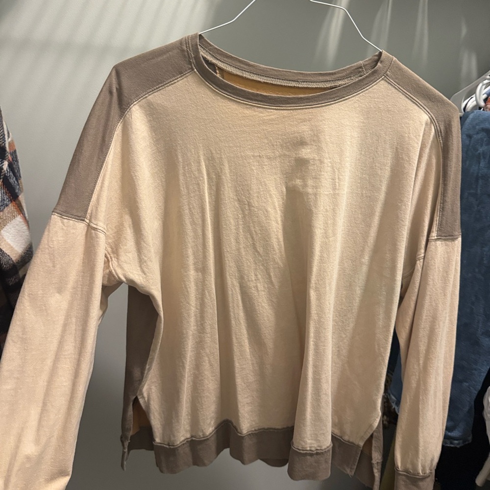 Easel Tan and Brown Long Sleeve Blouse with Detailed Backing